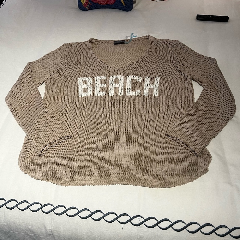 Wooden Ships Tan and White V-Neck Sweater